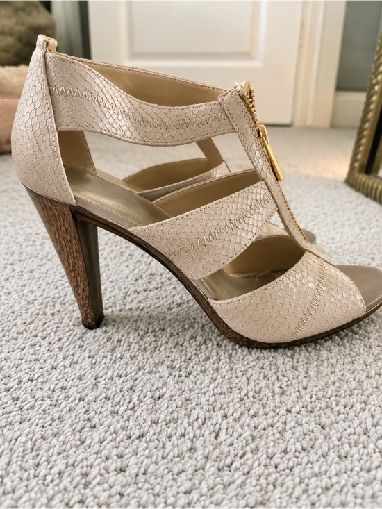 Michael Kors Shoes - Michael Kors Beige Strappy High Heel Sandal with Gold Zip Accent